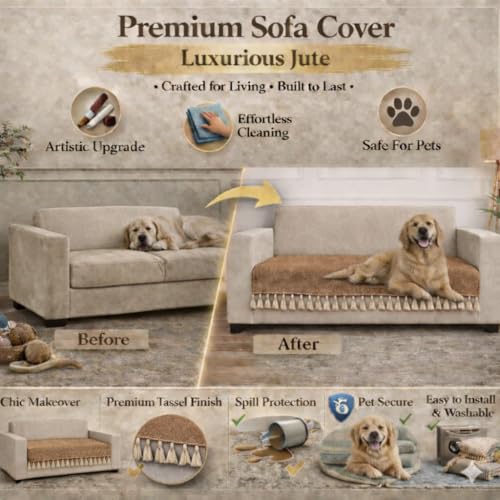 Image of STITCHNEST Jute Sofa Cover - Brown, 70x30 Inch | Soft Textured Fabric with Tassel| Sofa for Living Room Decor