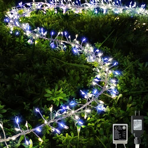 LAMPHOME Firecracker Lights with Remote,34.5 FT 960LED Cluster String Fairy Lights Plug in, Waterproof Copper Wire Firefly Lights for Mantle Bedroom Weddings Christmas Tree Decoration, White and Blue