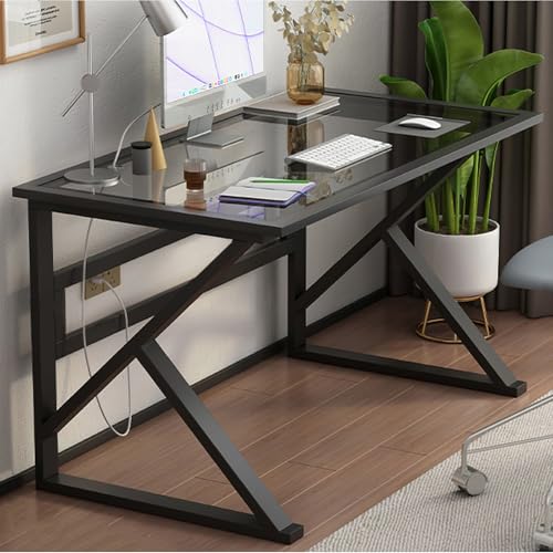 SDCGB Bureau Informatique Moderne, Bureau en Verre Trempé avec Cadre en Métal et Plateau en Verre Transparent Petit Bureau d'Ordinateur pour la Maison Le...