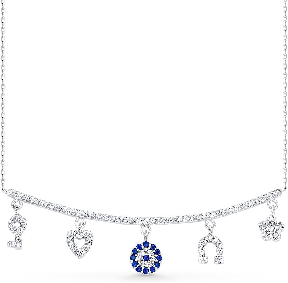 Alfred & Vincent Evil Eye, Key, Snowflake, Horseshoe, & Heart Necklace w/Cubic Zirconia CZ Crystals in .925 Sterling Silver