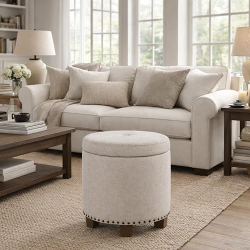 Image of HomePop 18.5 inch Round Storage Ottoman with Nailheads - Light Brown Fabric
