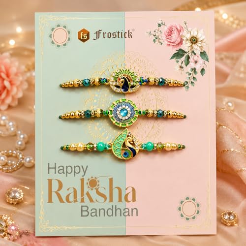 Image of Frostick Rakhi Gift Combo for Brother - Pack of 3 Rakhis, Celebrations Chocolates pack, Roli Chawal & Greeting Card | Raksha Bandhan Hamper for Men Rakhi Set for Bhai