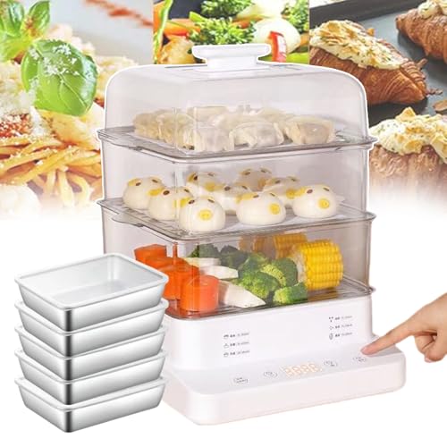 forplubossmmp Vaporiera Elettrica per Alimenti da 22Litri + 5 Contenitori in Acciaio Inox, Cuociriso Staccabili, Vaporiera per Alimenti A 3 Livelli con Schermo Digitale, Opzioni di modalità Multiple