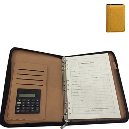 ZZ Lighting Executive Zippered Professional Business Planner Zipper 6-Ring Binder Organizer Packet Portfolio with Filler Paper Calculator Card Bagï¼ˆA5 Yellowï¼‰