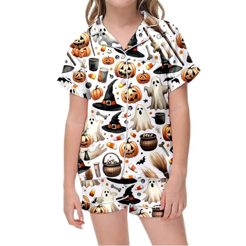 Girl Halloween 𝑷𝙖𝙟𝙖mas Set Spooky Ghost Pumpkin Print 𝑷𝙟𝙨 2Pcs Short Sleeve Button Down Shirt and Shorts Outfit
