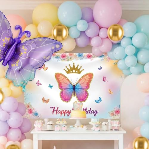 Image of SpecialYou.in Rubber Butterfly Theme Birthday Decoration Kit For Baby Girl, Pastel Balloons Decoration Kit With Multicolor Backdrop, Birthday Decor Items For Kids' Party- 59 Pcs