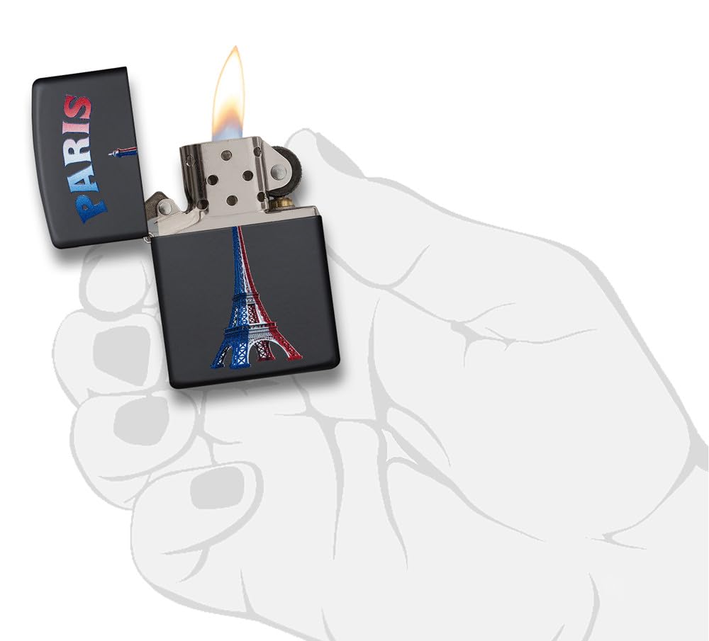 Zippo Sturmfeuerzeug - Paris Eiffel Tower Flag, Black Matte, Color Image - Nachfüllbar - Wiederverwendbar - Windfestes Design - Geschenkbox - Made in USA