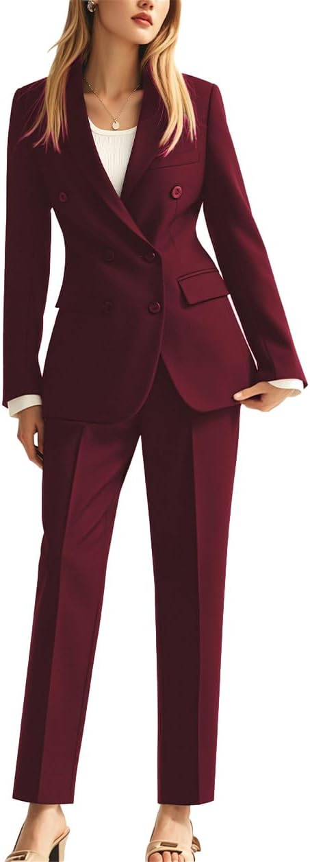 Double Breasted Office Lady Suit 2 PC Slim Fit Business Outfit for Work Professional Peak Lapel Prom Suit