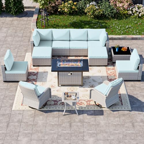 Image of 13-Piece Patio Furniture Set, Outdoor Patio Furniture with Swivel Chairs Set, Ottomans, 55,000 BTU Fire Pit Table, Modular Patio Sofa, Dual-Strand Wicker Rattan, Rust-Resistant Frame, Light Blue
