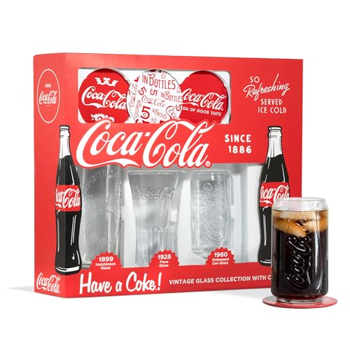 Scopri la storia dei bicchieri Coca-Cola con questo set di tre bicchieri in stile vintage che include anche tre sottobicchieri.