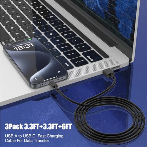 Image of 3-Pack Black [3.3FT+3.3FT+6FT] USB A to USB C Cable，USB to USB C Car Carplay Cable for iPhone 16 15 Pro Plus Pro Max，for iPad Pro /Air /Mini，for Samsung S24 /S23 /S22 /S21，for MacBook Pro /Air and More