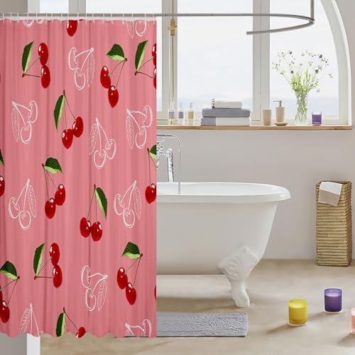 Image of Cherry Bath Curtain Girls Red White Cherry Bathroom Shower Curtain Set Fresh Fruit Theme Shower Curtain for Kids Adults Sweet Cherry Waterproof Bathroom Curtains Bright Vibrant Room Decor 72x78 Inch