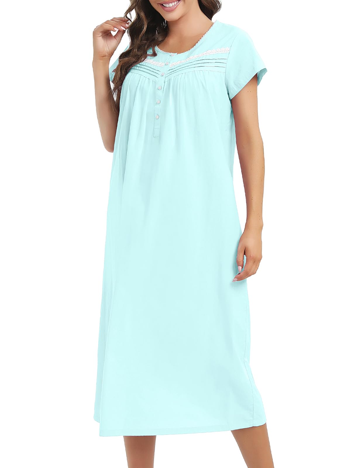 JRYNOEU 100% Cotton Nightgowns for Women Short Sleeves House Dress Nightdress Pajamas Sleepwear Ladies Night Gown