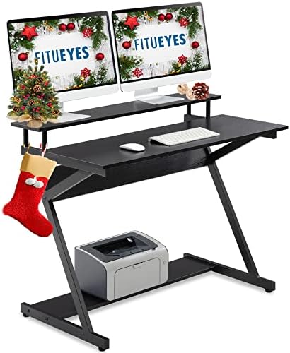FITUEYES Computer Desk with Monitor Riser Wood Black Z-Shaped Writing Table Workstation for Home Office 100x60x84cm CD310001WB