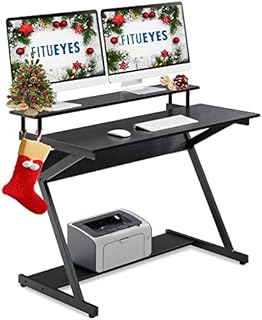 FITUEYES Computer Desk with Monitor Riser Wood Black Z-Shaped Writing Table Workstation for Home Office 100x60x84cm CD310001WB