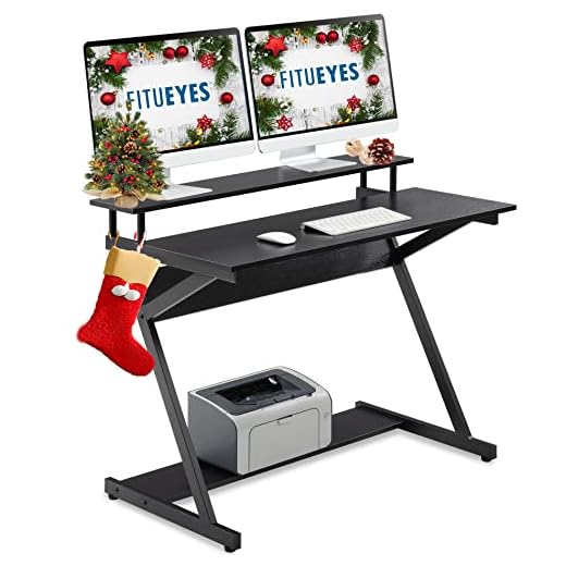 FITUEYES Datorskrivbord med monitor stigare trä svart Z-format skrivbord arbetsstation för hemmakontor 100 x 60 x 84 cm CD310001WB