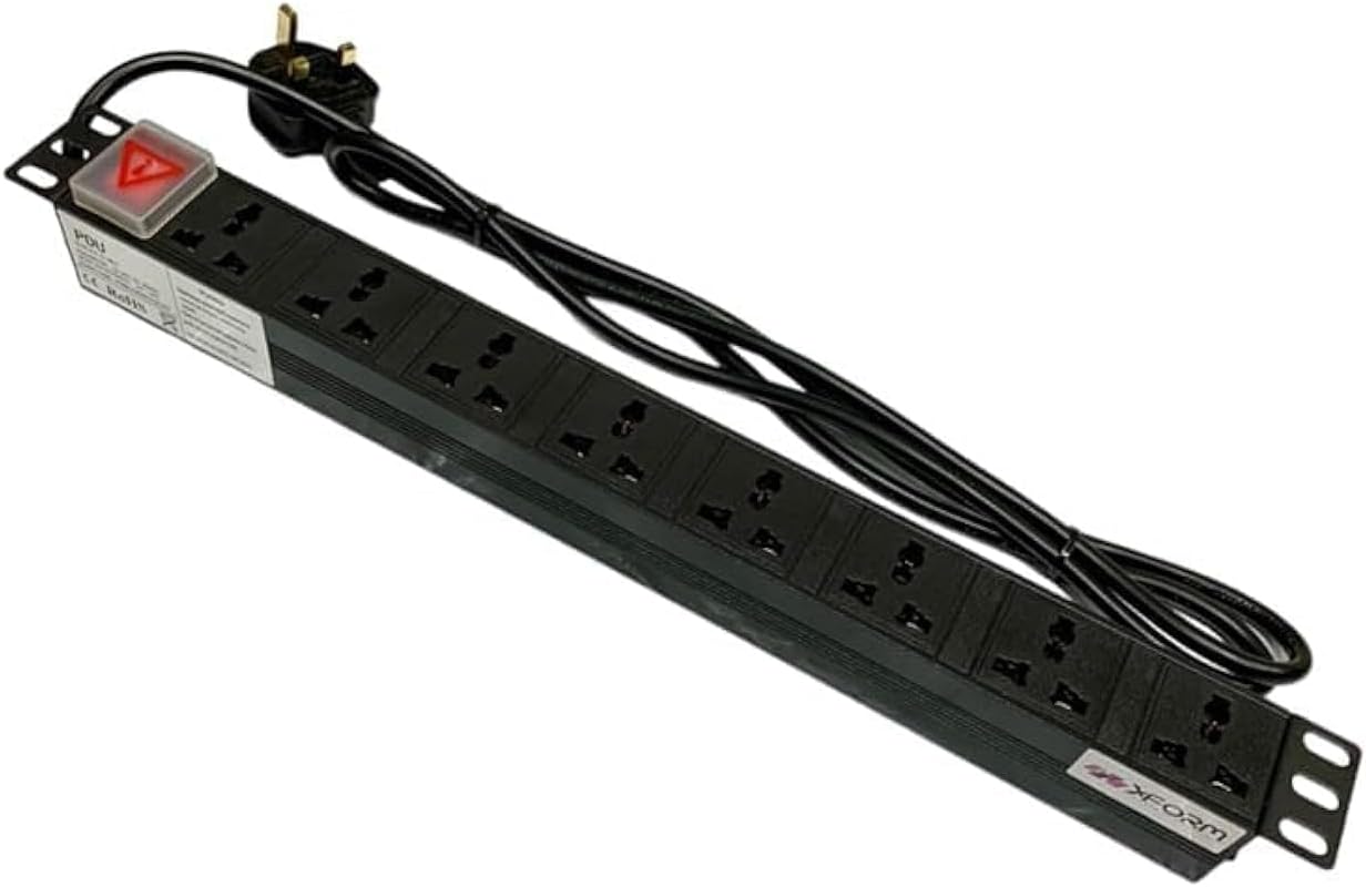 XForm PDU 8 WAY 1U rack-mounted 8-unit 13A UK Plug PDU Power Strip Network Cabinet Rack Socket 2M Extension Cable Standard Outlet Switch Supply Power Distribution Aluminum - Black Color