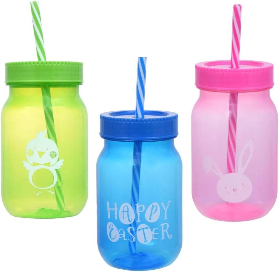 Plastic Easter Cups with Lids and Built in Straws, Set of 3 Pink, Blue, and Green