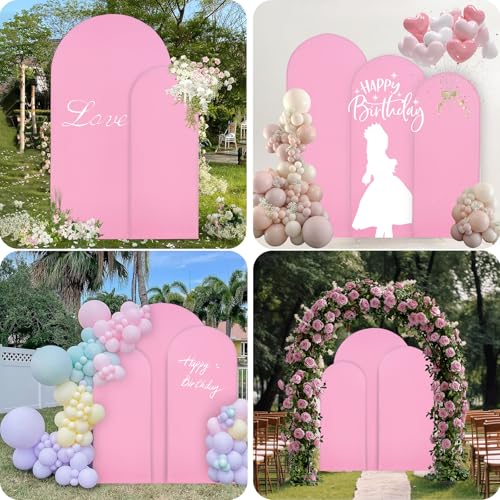 WEERRW Wedding Arch Cover Pink Spandex Fitted Set of 3 Balloon Arch Stand Covers Round Top Chiara Stretchy Backdrop for Birthday Party Baby Shower Banquet Decoration (6FT, 6.6FT, 7.2FT) - image 7