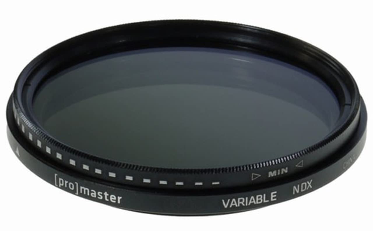 ProMaster 72mm Digital HGX Variable ND Filter showing its adjustable ring and 'MIN' and 'NDX' markings.