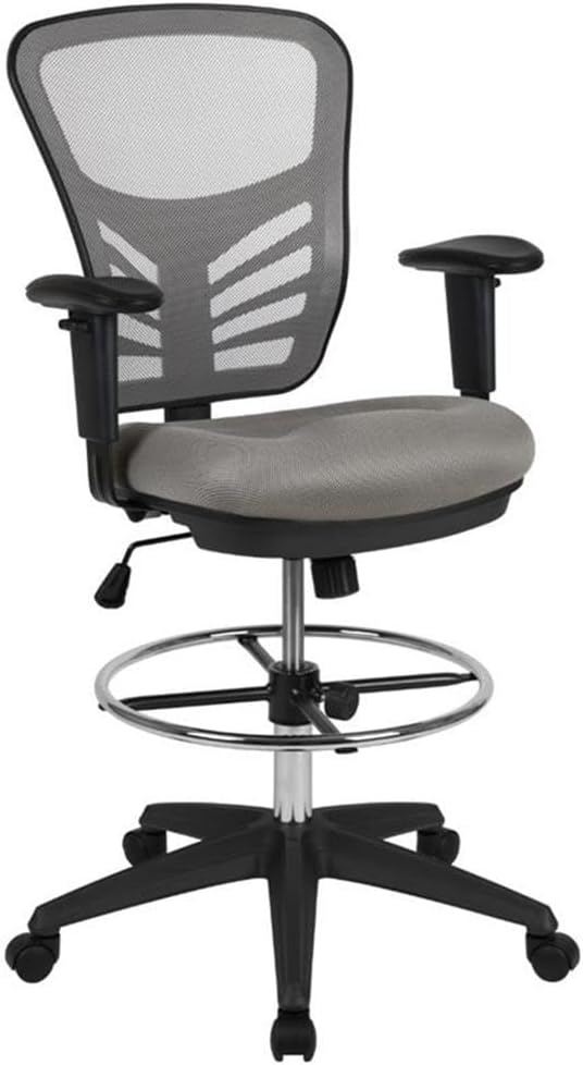 BOWERY HILL Contemporary Mid Back Mesh Drafting Stool, Adjustable Height 41.5"-49.5", Lumbar Support, Gray and Black Finish, Breathable Mesh Seat, Chrome Foot Ring, Ergonomic Office or Studio Chair