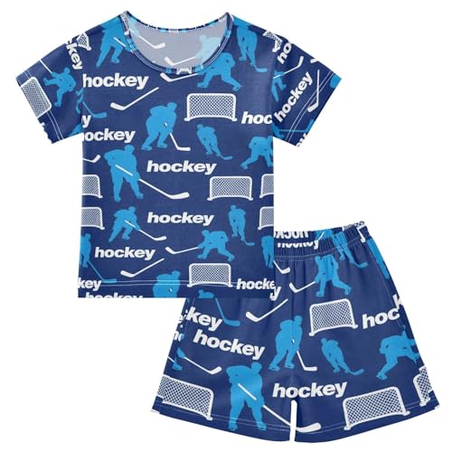 ALAZA Ice Hockey Cartoon Blue Pajamas Set Short Sleeve Cotton Sleepwear Summer Pjs 2 Piece 5-14Y
