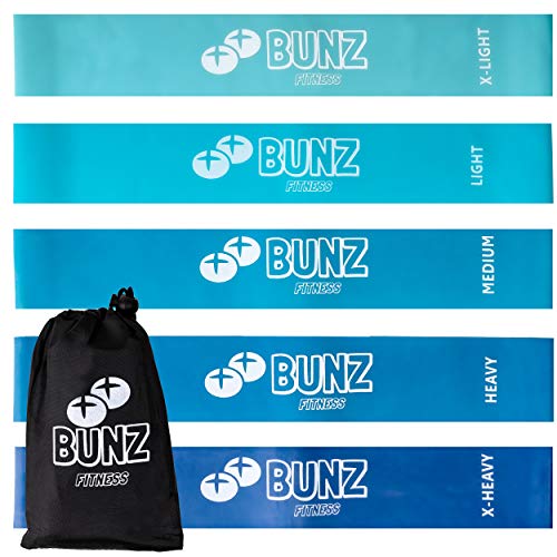 Bunz Fitness Booty Band 5-Pack - Thick Booty Bands for Women - Natural Latex Resistance Bands for Leg Exercises - Non-Slip Butt Bands - Compact Squat Bands for Glute Workout - Hip Loop Band Set â€“ Blue