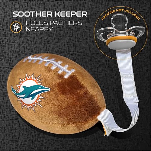 Image of Miami Dolphins Plush Football Pacifier Holder by Smilo - Officially Licensed NFL Soother Holder - Soft Plush Toy and Dummy Holder - Fits Any Pacifier - Stroller Accessory & Newborn Essential