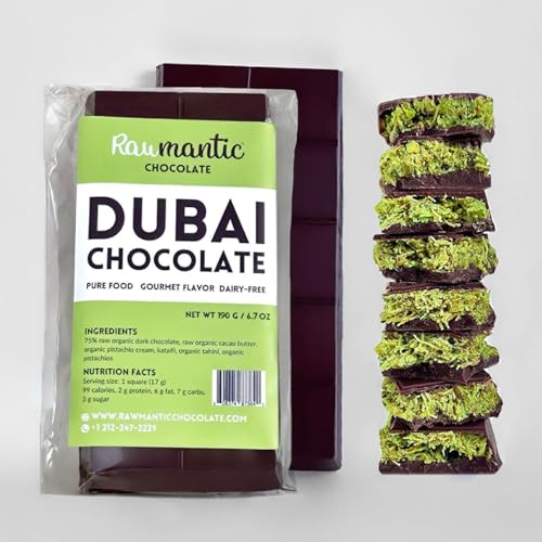 Rawmantic Dubai Chocolate Knafeh Pistachio (6.7oz/190g) – Plant-Based, Vegan, Made From Dairy-Free Dark Chocolate, Cacao Butter, Pistachios & More, No Artificial Flavors, Non-GMO & Kosher