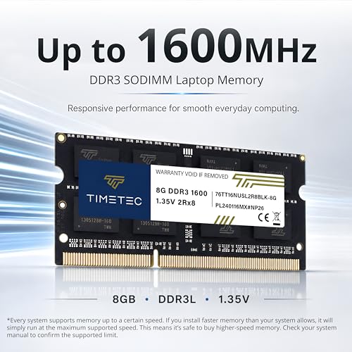 Image of Timetec 16GB KIT(2x8GB) DDR3L / DDR3 1600MHz (DDR3L-1600) PC3L-12800 / PC3-12800 Non-ECC Unbuffered 1.35V /1.5V CL11 2Rx8 204 Pin SODIMM Laptop Notebook PC Computer Memory RAM Module Upgrade Black PCB