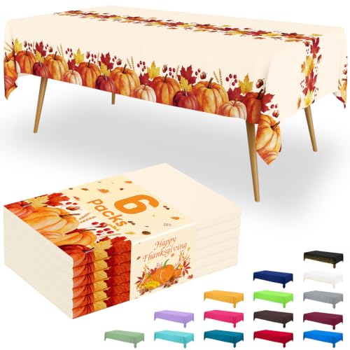 Image of Smiry Disposable Table Cloth - 6 Pack, 54 x 108 Inch Waterproof Rectangle Tablecloths for Parties, Decorative Plastic Table Cover, Leakproof & Sturdy, Beige & Orange