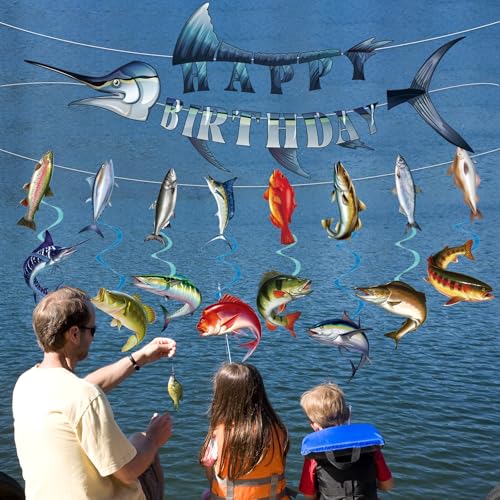 Image of Fishing Birthday Party Decorations - 10PCS Fishing Themed Banners with Hanging Swirls Happy Bday Decoration for Fish Lovers Fisherman