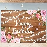 Rustic Wooden Happy Birthday Backdrop for Women 96x72 Inch Rustic Floor Glitter Lights Butterfly Photography Background Pink Floral Happy Birthday Backdrop Party Decorations Banner 8x6Ft