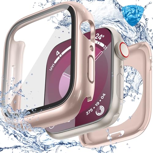Image of 3 in 1 Goton Waterproof Hard Case for Apple Watch Screen Protector 41mm, 360 Slim Full Protective Tempered Glass Face Cover + Back Hard PC Bumper for iWatch Series 9 /8 /7, 41mm Rose Gold