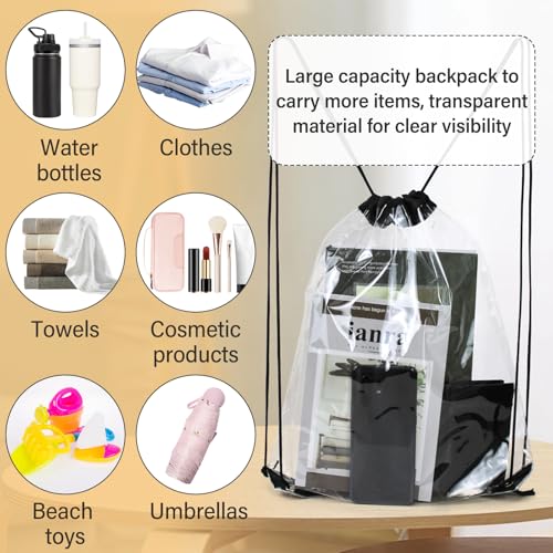 2 Pcs Drawstring Backpacks, 13 x 16 in See Through PVC Waterproof Drawstring Bags, Lightweight Clear Backpack for Gym Sports (2, Black)4