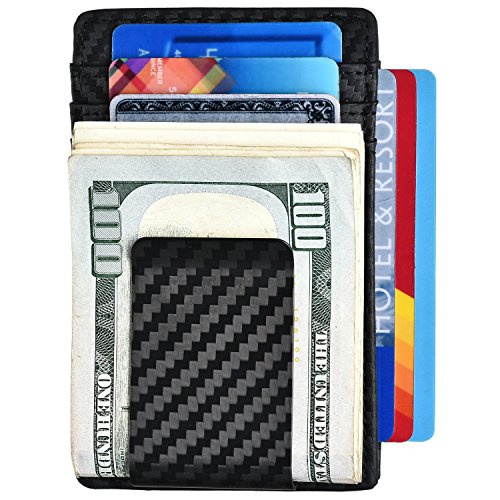 Money Clip Carbon Fiber RFID Blocking Front Pocket Leather ID Credit Card Holder Wallet for Men Black