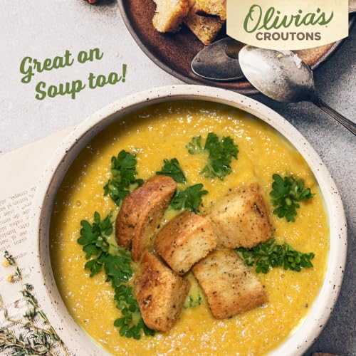 Image of Olivia's Croutons Gluten Free Garlic Croutons, 4.5 oz, 3 Pack | Ancient grain bread, dairy free, vegetarian, salad and soup topping, non gmo