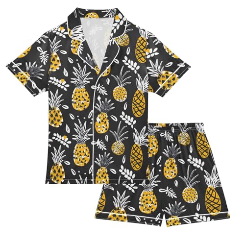 Pineapples and Leaves Pajamas Set Summer Button Down Sleepwear Pjs Sets Comfy Loungewear