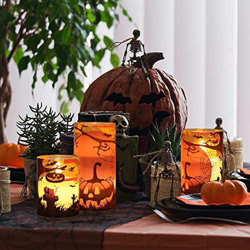 Image of GenSwin Halloween Candles with Pumpkins, 3 Pack Flameless Candles with Remote Timer, Orange Pumpkin Glass Candles Battery Operated with Spiderweb, Halloween Spooky Indoor Decorations (D3 inch x H4 inch5 inch6 inch)