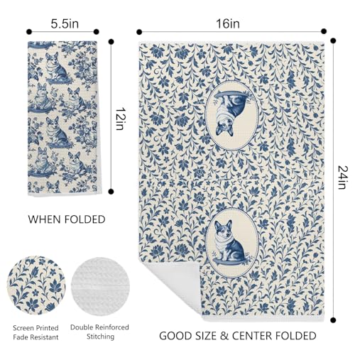 Image of Blue Chinoiserie Welsh Corgi Kitchen Towels, Corgi Lover Gifts Dish Tea Towels for Kitchen, Vintage French Toile Dog Decorative Hand Towel for Bathroom, Dog Lover Gifts, 16x24 Inch Set of 2