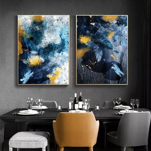 Art mural abstrait marin bleu et or 60x80cm Yangld pour salon scandinave