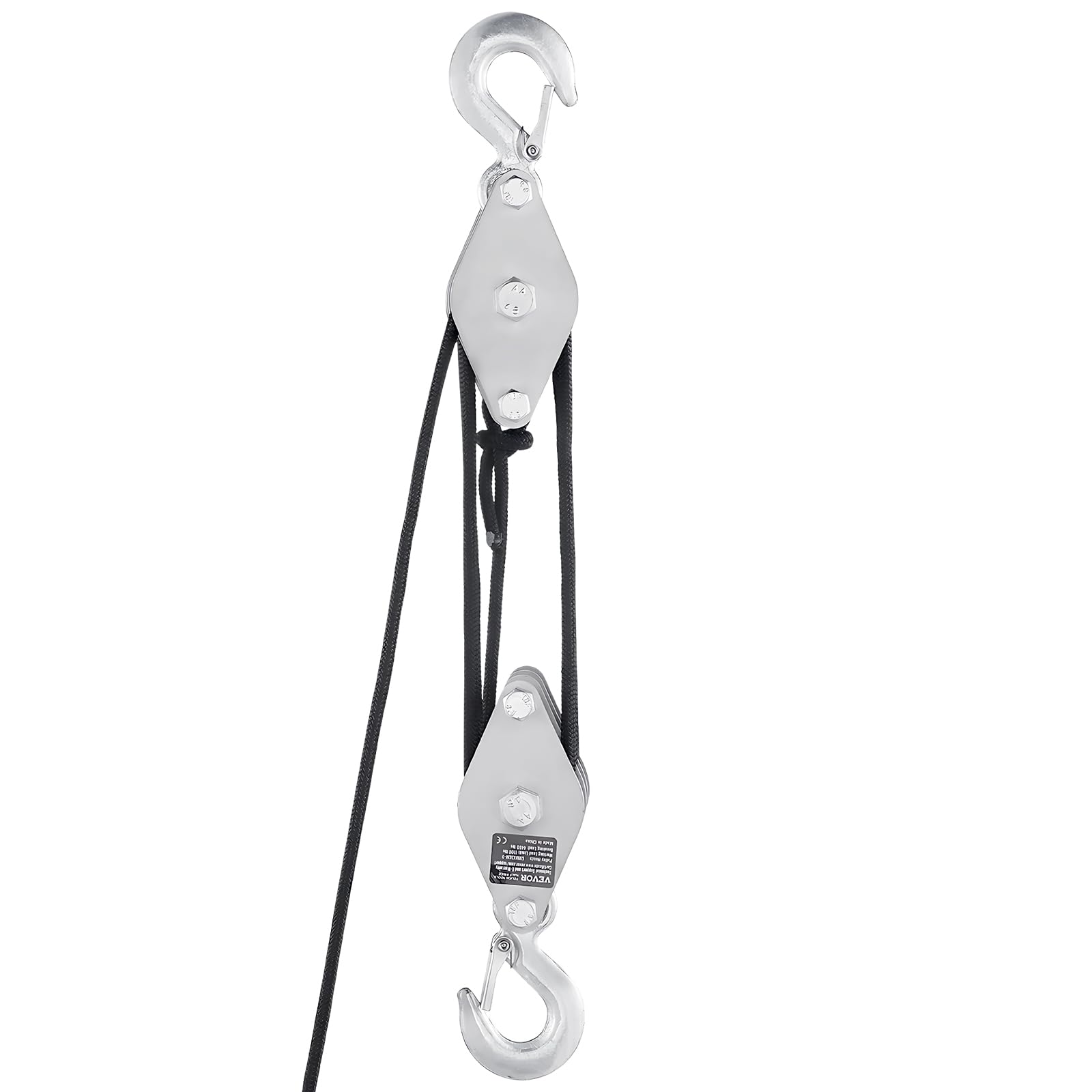 VEVOR Palan à Poulie à Corde 30,48 m, Résistance à la Rupture 2 T, Système de Poulie avec 2 Boucles Souples, Rapport de Levage 5:1, Structure de Roulement à Roues en Métal, pour Soulever Objets Lourds