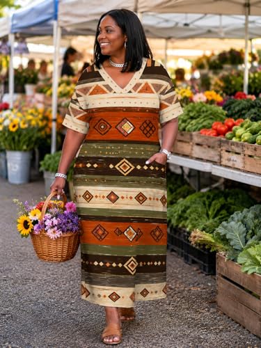 Image of Plus Size Maxi Dress for Women Short Sleeve V Neck Casual Loose Sundress with Pockets