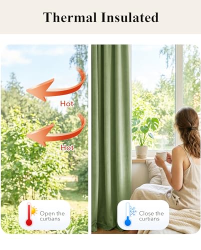 Image of Retro Green Velvet Curtains with Room Darkening, W52xL96, 2 Panels | Farmhouse Super Soft Drapes with Pleat Tape for Living Room, Bedroom, Dining Room, Thermal Insulated, Window Treatment