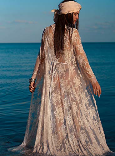 Buttzo Women Sexy Long Lace Dress Sheer Gown See Through Lingerie Kimono Robe (White, One Size) #TOP4
