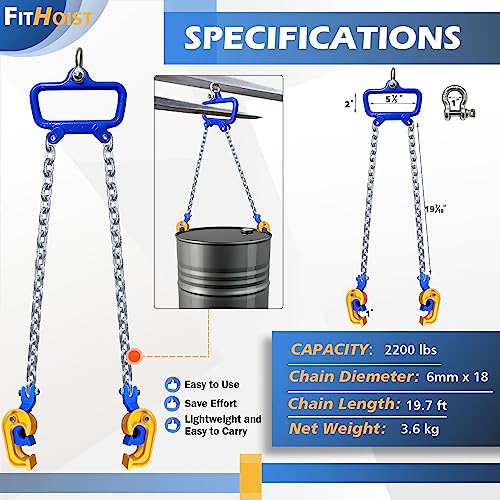 FITHOIST Chain Drum Lifter | 2200 lbs Vertical Drum Clamp Barrel Lift with Self-Lock Hook | Drum Handling Equipment 1 ton Capacity | Fit for 30-55 Gallon Barrel