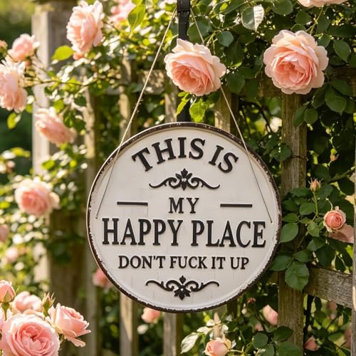 Funny Garden Metal Sign This Is My Happy Place Dont F It Up Vintage Round Wall Decor for Home Garden Bar Coffee Shop 12x12in