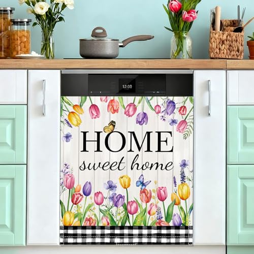Image of Summer Tulip Dishwasher Magnet Cover Sweet Home Flowers Dishwasher Magnet Sticker for Kitchen Decoration 23x26 in Farmhouse Refrigerator Magnet Cover Fridge Panel Decal Pad
