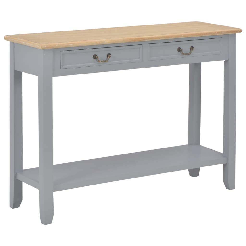 Mesa consola gris 110 x 35 x 80 cm de madera, mesa auxiliar con 2 cajones y estante de madera de pino y MDF, mesa de pasillo clásica para salón y entrada