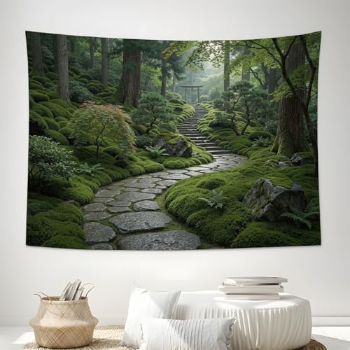 Tapisserie murale pour chambre zen avec motif jardin japonais vert 230x180
